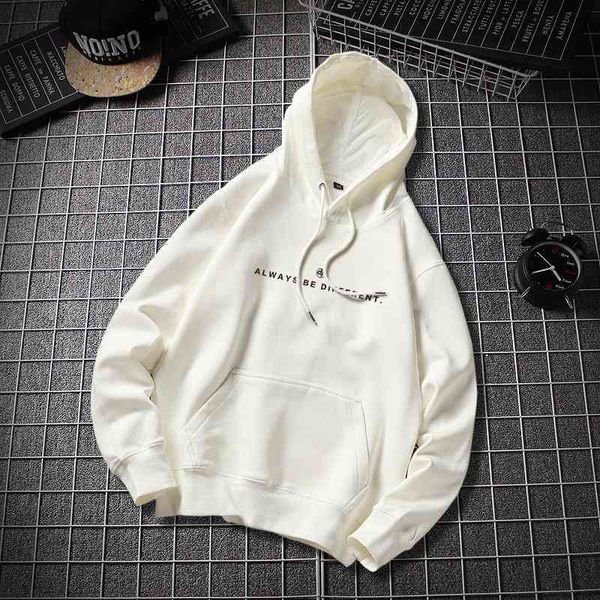 

2021Sweater men' autumn and winter Plush street brand simple letter printing hooded Pullover coat loose top fashion, White - regular