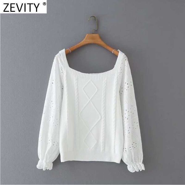 

zevity women hollow out embroidery long sleeve patchwork crochet knitting sweater female chic off shoulder pullovers s627 210603, White;black
