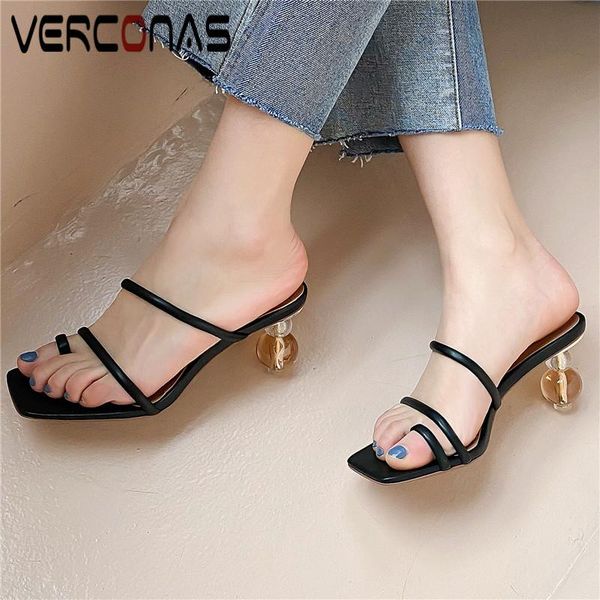 

dress shoes verconas women 2021 classic design profiled heel sweet sandals slippers high heels summer concise woman, Black