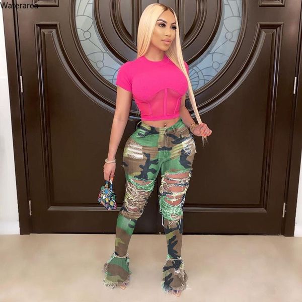 

women's jeans 2021 summer denim pants women camouflage hole ripped flare spliging trousers 6 colors high waist s-4xl, Blue