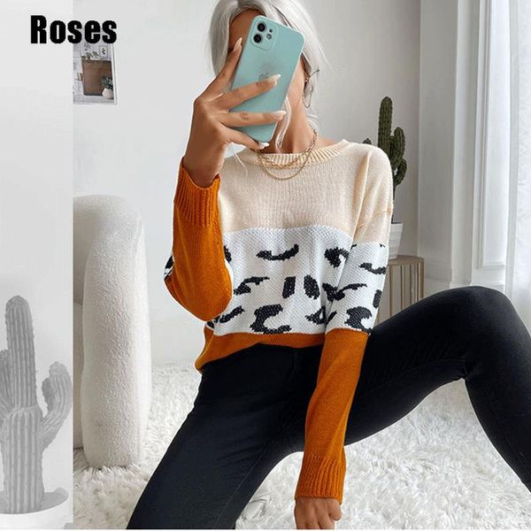 

women's sweaters 2021 color block leopard sweater autumn spring lightweight knitted pullovers causal elegant long sleeve jumpers for la, White;black