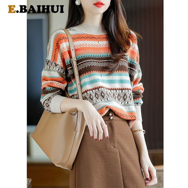 

women's sweaters ebaihui vintage striped knitted sweater women 2021 autumn flower o neck elastic stretchy famale multicolor winter, White;black
