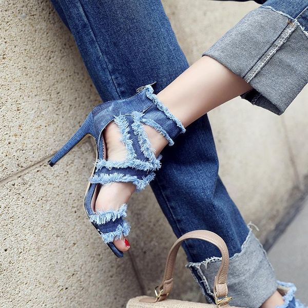

sandals women shoes 2021 high heels denim for summer thin fashion 33-43, Black