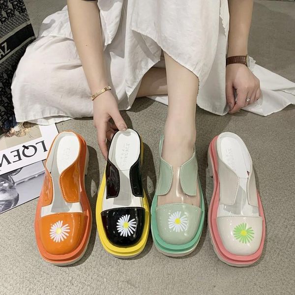 

trifle thick-soled women's sandals 2021 summer new transparent contrast color without heel slope with lazy half slippers tide, Black
