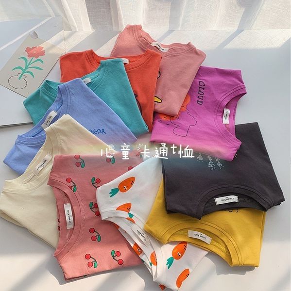 

korean summer children's 2021 short new sleeve cartoon printed t-shirt for boys and girls, Black;white