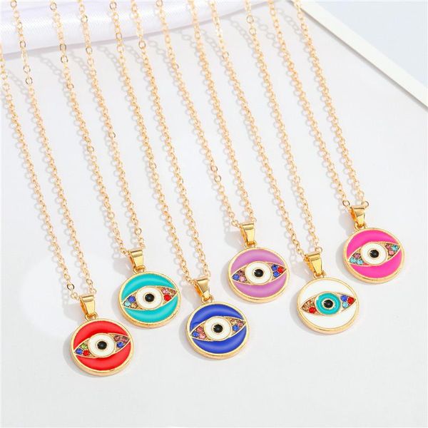 

pendant necklaces 1pcs raindow enamel evil eye necklace for women gift jewelry vintage shiny minimalist round blue clavicle chain n220, Silver
