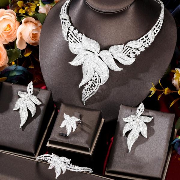 

earrings & necklace luxury 4pcs african jewelry sets for women wedding naija dubai india set cubic zirconia bridal, Silver