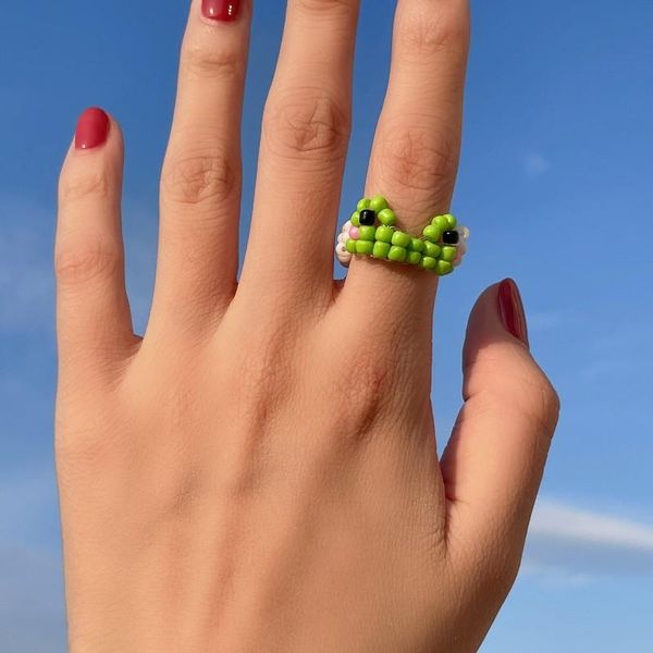 

cluster rings transparent resin handmade beaded frog shaped colourful elastic chain for women girls sweet cute jewelry party, Golden;silver
