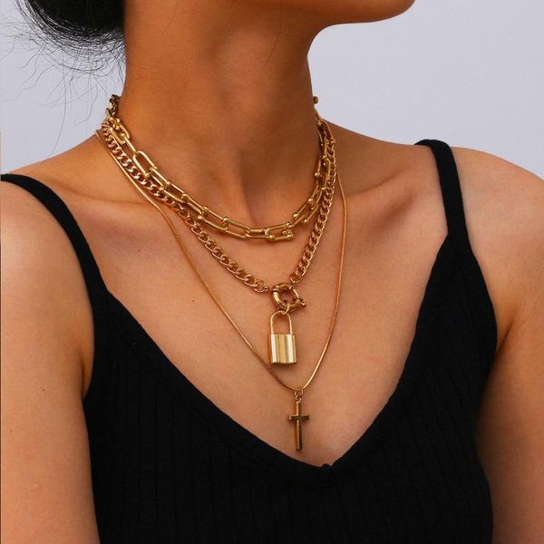 

pendant necklaces fashion jewelry choker lady hyperbole accessories classic cross lock necklace thickness multilayer chain, Silver
