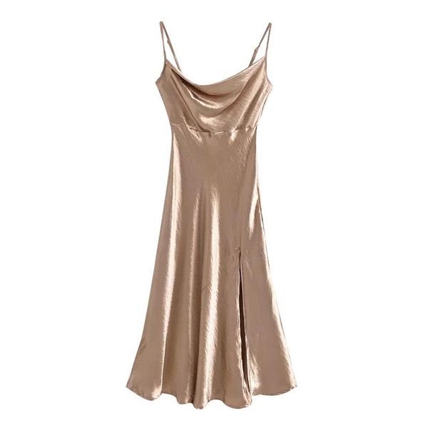 

casual dresses women 2021 fashion shiny party front slit midi dress vintage backless side zipper thin straps female mujer, Black;gray