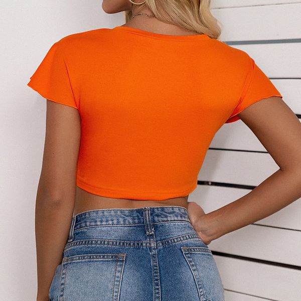 

2021 super short navel bow round neck sleeve t-shirt female, White