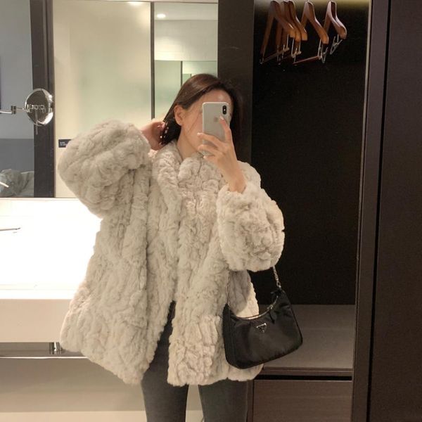 

women's fur & faux 2021 winter korean fashion coat mid-length female thick lantern sleeve lamb plush, Black