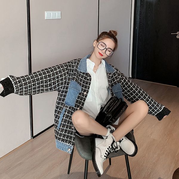

women's jackets superaen plaid jean jacket with patchwork, korean-style female released spring and autumn 950o, Black;brown