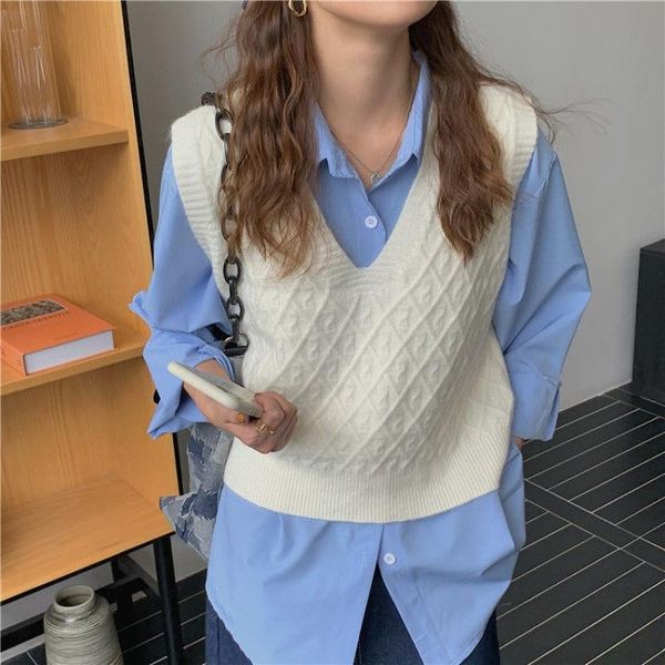 

women's vests sweater vest women v-neck solid color autumn fashionable chic female leisure knitwear korean style arrival soft short x22, Black;white