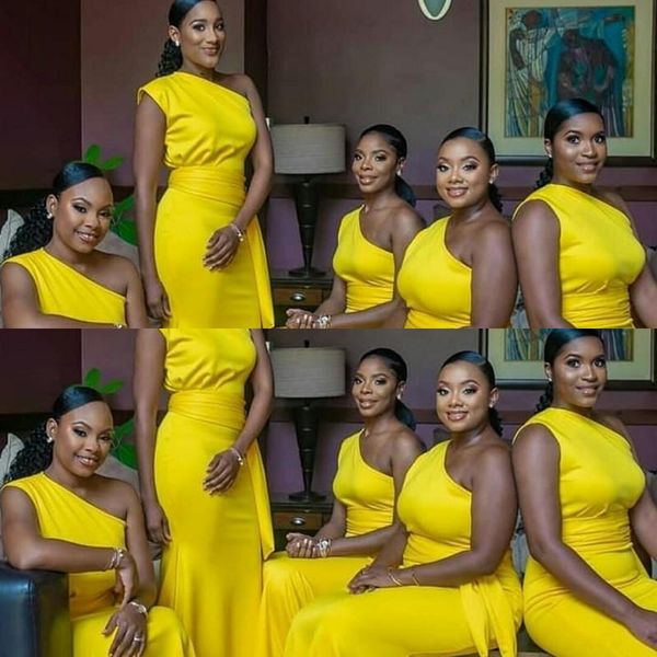 

2021 new african yellow bridesmaids dresses one shoulder mermaid elastic sashes formal plus size maid of honors wedding guest gowns, White;pink