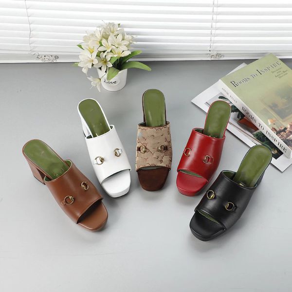 

luxury women's shoes, high-heeled slippers, waterproof platform, open-toed leather buckle, fashionable and versatile casual one-word sa, Black