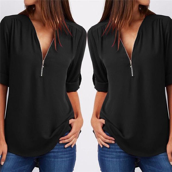 

women's blouses & shirts zipper short sleeve women v neck solid casual tee shirt female clothes, White