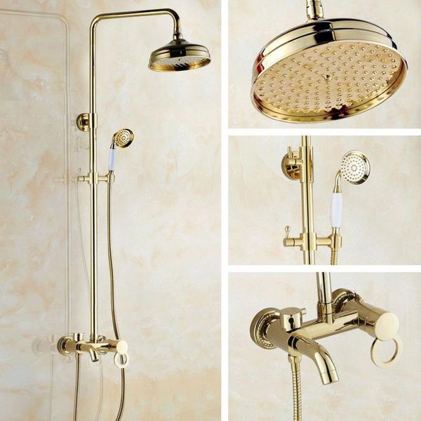 

bathroom shower sets gold color brass single handle wall mounted rain head bath tub faucet set telephone shape hand spray mgf411