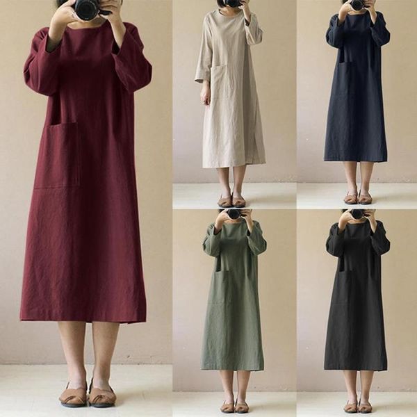 

casual dresses christmas for women 2021 o-neck long sleeve midi solid color front pocket split hem dress streetwear, Black;gray