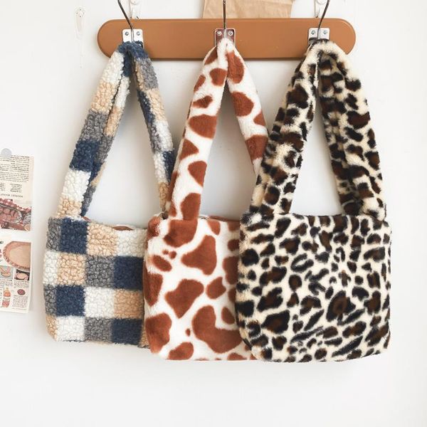 

evening bags retro leopard pattern crossbody for women 2021 soft plush shoulder zebra print fluffy handbag female warm winter bucket bag