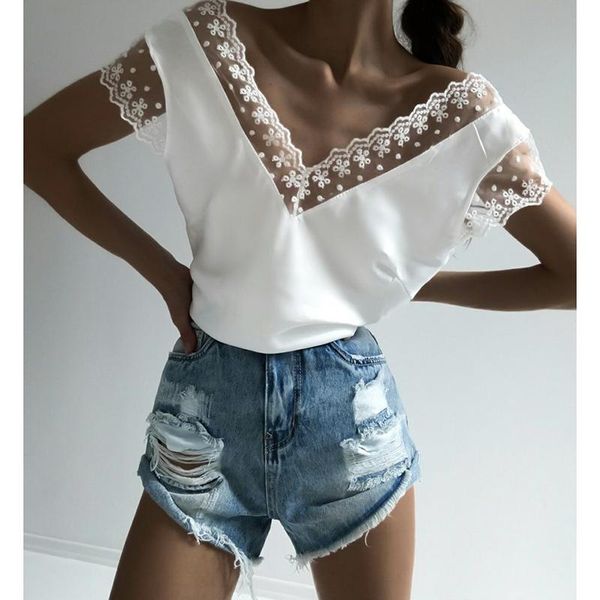 

women's blouses & shirts women lace patchwork v neck short sleeve backless and summer plus size solid shirt blusas streetwear sj620, White