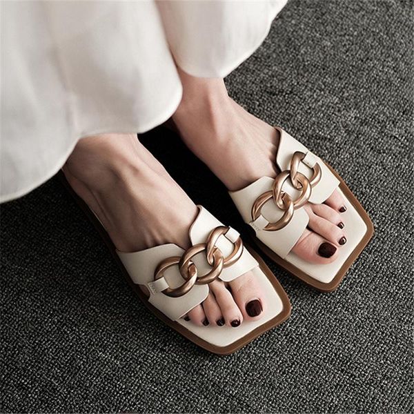 

sandals 2021 women shoes flat female chain decor slipper black slides mules outdoor beach footwear casual