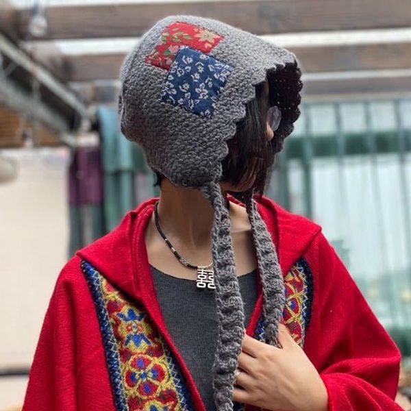 

johnature winter new lolita hats for women 2021 casual patchwork chinese style fashion all match 3 colors vintage female hats, Blue;gray