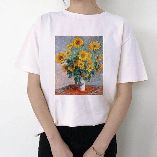 

art oil painting t shirt women summer fashion harajuku aesthetic printed short sleeve o-neck tee shirt femme, White