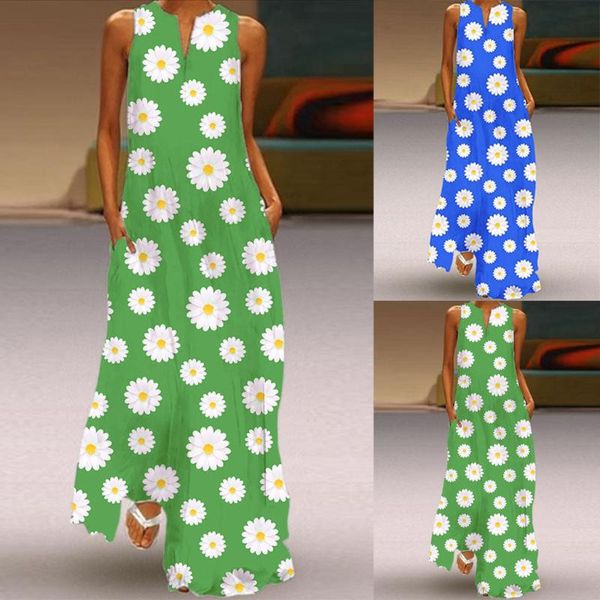 

casual dresses women summer dress plus size daisy floral print sleeveless v-neck maxi bohemia beach sundress vestidos, Black;gray