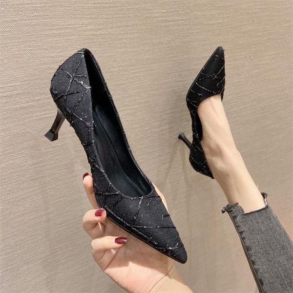 

dress shoes women's high heels single sequin cloth shallow mouth pointed thin heel fashion 21 spring, Black