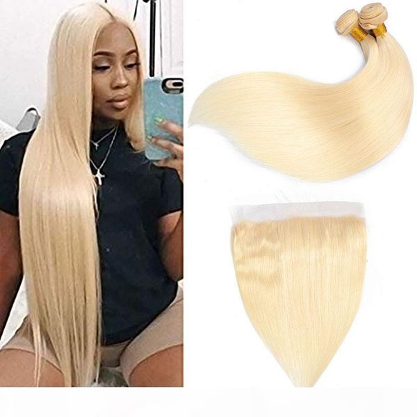 

brazilian virgin hair 613# blonde 2 bundles with 13x4 lace frontal pre plucked straight human hair bundles with 13x4 frontal baby hair, Black;brown
