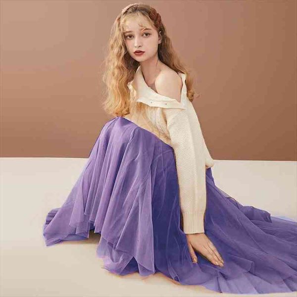 

spring summer extra long mesh vintage expansion skirt women violet purple tulle elastic waist beach travel ball big swing skirts, Black