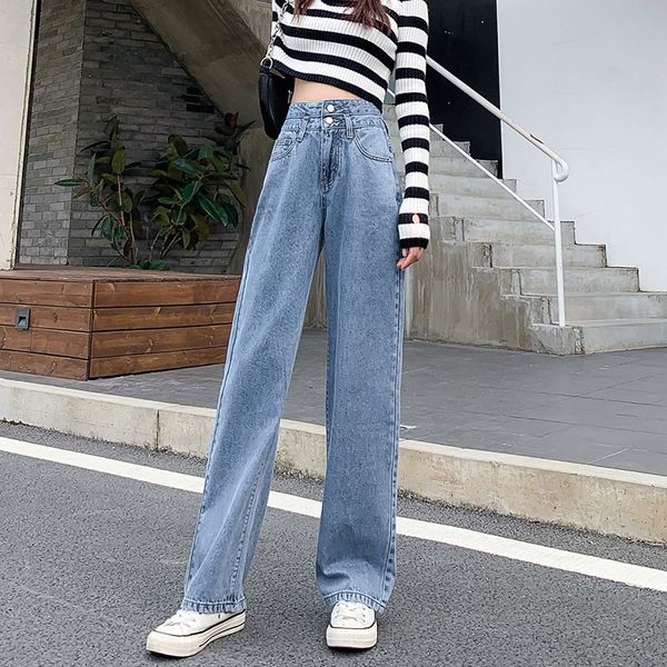 

female fashion 2021 autumn new high waist double button straight casual loose jeans with wild wide legs twip, Blue