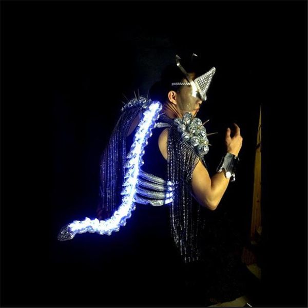 

party decoration wx20 ballroom dance led costumes men stage wears robot silver clothe dj bodysuit luminous shoulder mask performance singer