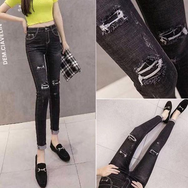 

woman jeans pants winter pencil pants stretch ripped embroidered long, Blue