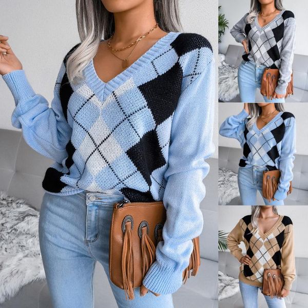 

women's sweaters vintage v-neck plaid long sleeve women sweater 2021 autumn winter short knitted pullover england style, White;black