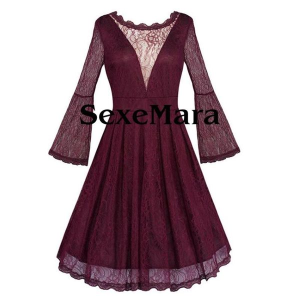 

casual dresses ladies see through 1950s vintage style long flare sleeve pin up open back lace vestido, Black;gray