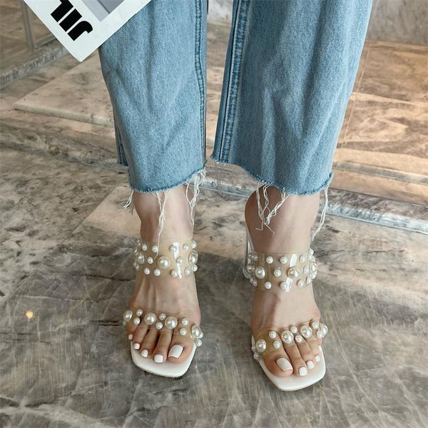

slippers string bead square heel transparent glitter slides med shoes shallow women heels pantofle block jelly high 2021 soft pu, Black