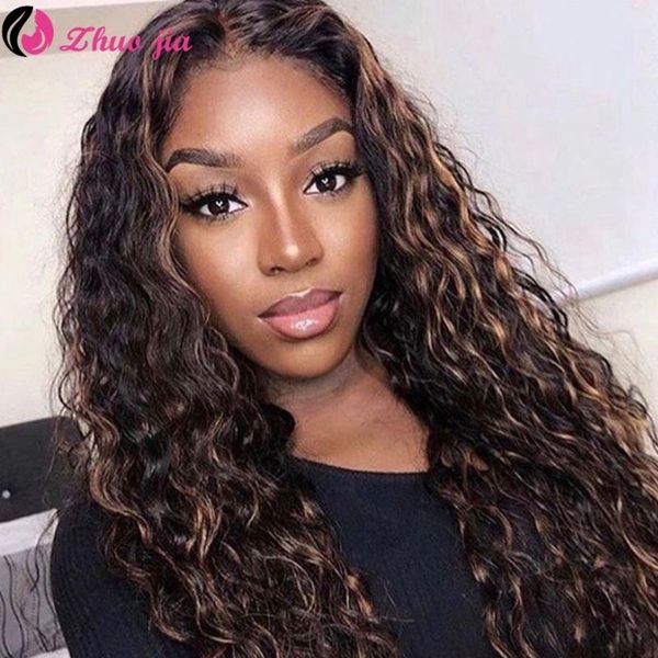 

lace wigs highlight omber water wave wig 13x4 hd transparent front 30 inch brazilian curly human hair for women 250% density, Black;brown