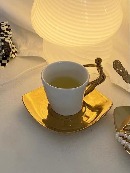 

mugs retro gold handle french ceramic coffee cup dish spoon set advanced drinking utensil mug human interesting water gift