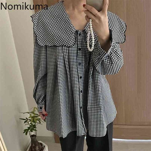 

nomikuma vintage plaid women blouse causal sailor collar puff long sleeve shirt spring blusas mujer de moda 6e200 210719, White