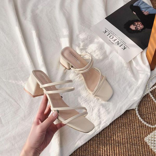 

new 2021 female sandals summer slippers ladies high heels square open toe slides party shoes women sandals for women, Black