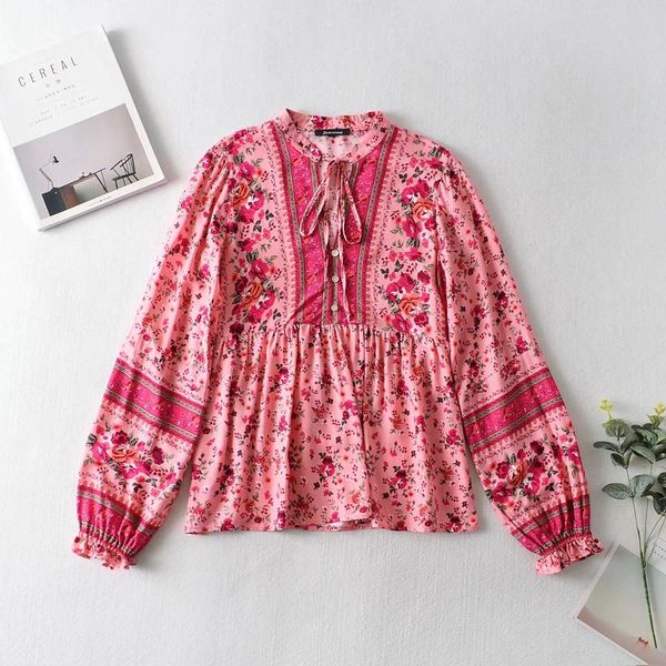 

bohemia bandage open buttons v neck floral print women shirt holiday lacing up waist loose long sleeve blouse beach 1 set, Red