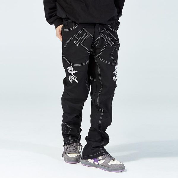 

men's jeans multi-pockets rose embroidery streetwear casual denim trousers mens harajuku washed ankle zipper straight oversize pants, Blue