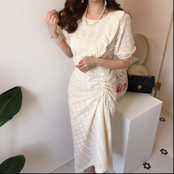 

2021 spring summer vintage women dress ruffle floral slim waist drawstring a line dress female casual long dress vestidos, Black;gray