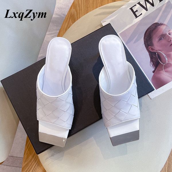 

peep toe women slippers square heel sandals cow leather runway slides weave 7.5 cm 60% off store online, Black