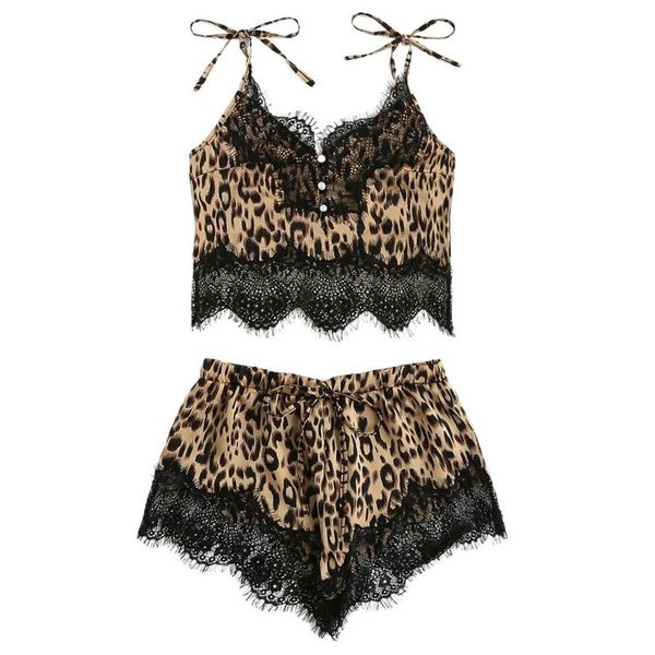 

women's sleepwear ladies black leopard print lace stitching straps bow seductive underwear pyjama pour femme, Black;red
