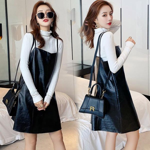 

2021 vintage korean pu leather dress autumn winter mini sundress women casual spaghetti strap sleeveless dresses vestidos, Black;gray