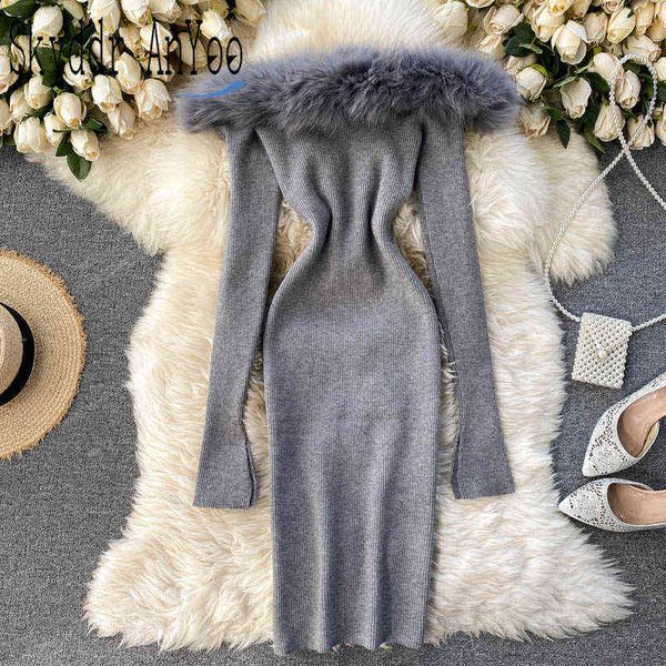 

women knitted dress 2021autumn winter long sleeve off shoulder white party dresses for new year furry collar elegant robe g1214, Black;gray