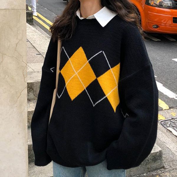 

women's sweaters autumn argyle printed contrast long sleeve o-neck thick all-match school sweet female pullovers lmy20211007, White;black